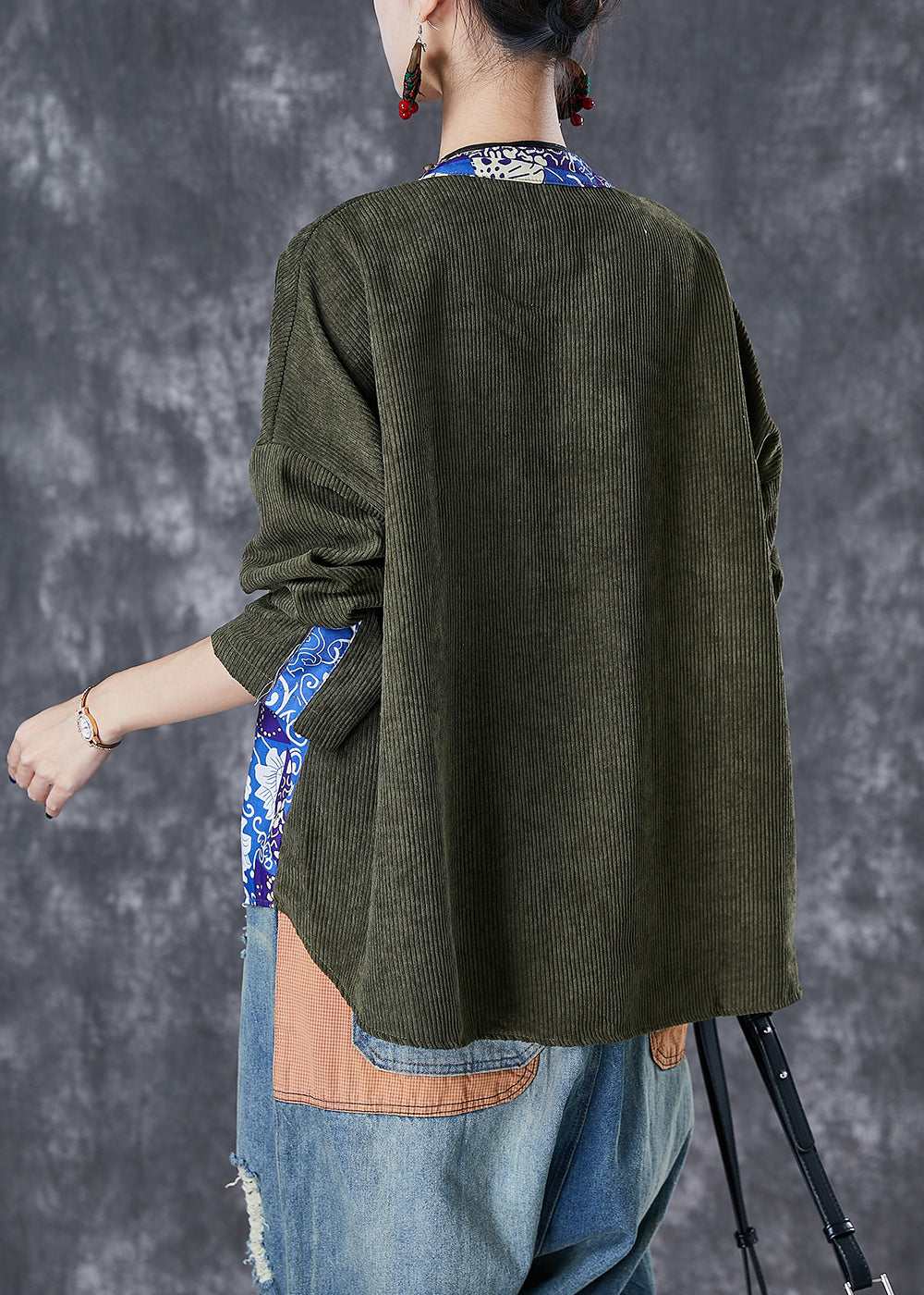 Green Patchwork Corduroy Coats Chinese Button Fall