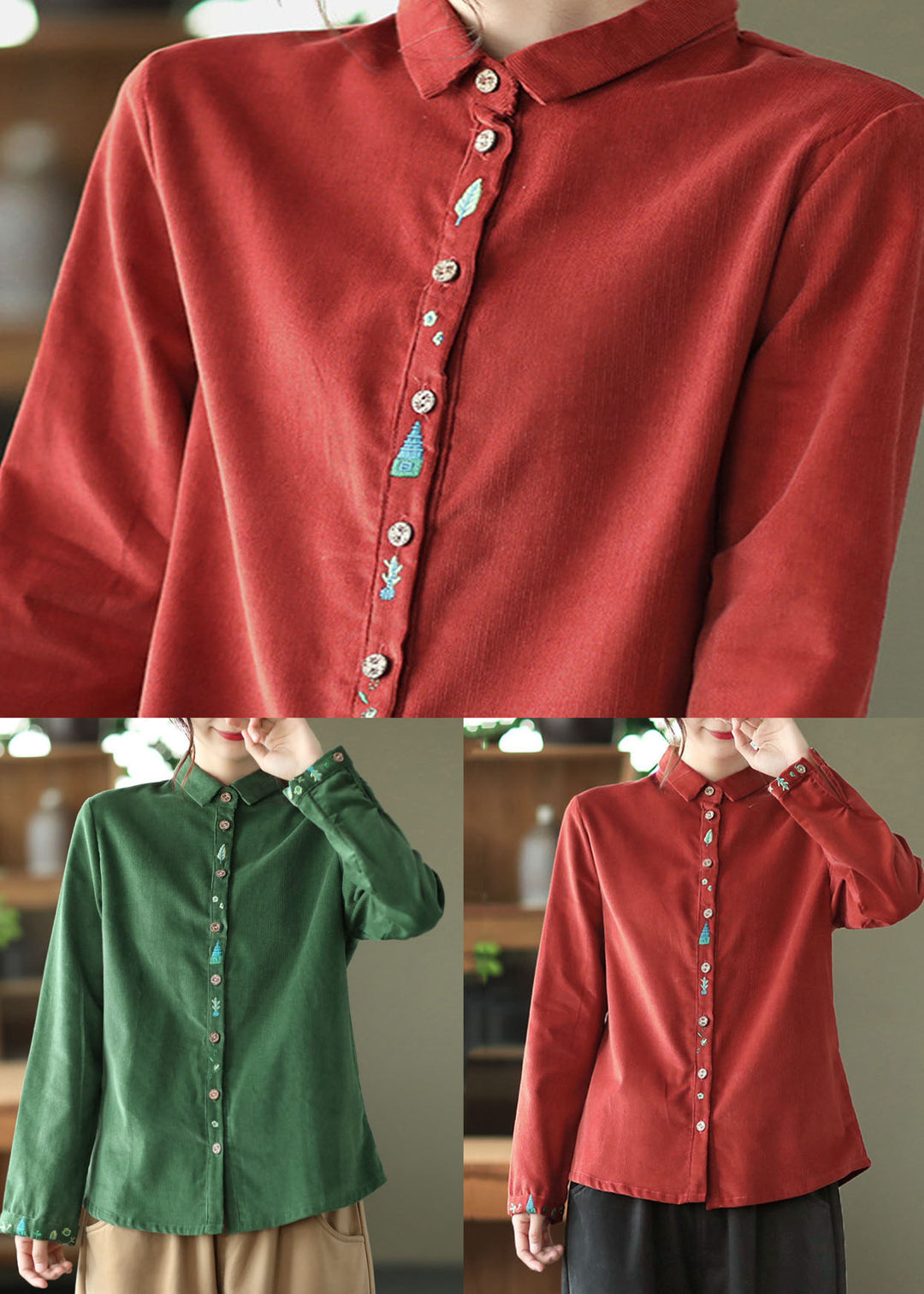 Green Patchwork Corduroy Tops Peter Pan Collar Button Spring