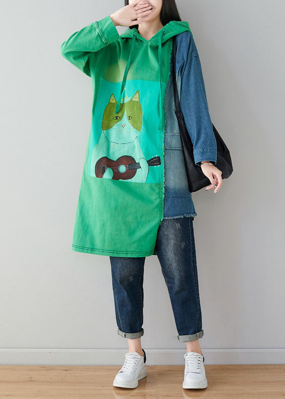 Green Patchwork Cotton Pullover Sweatshirt Dress Hooded Cartoon Print Spring