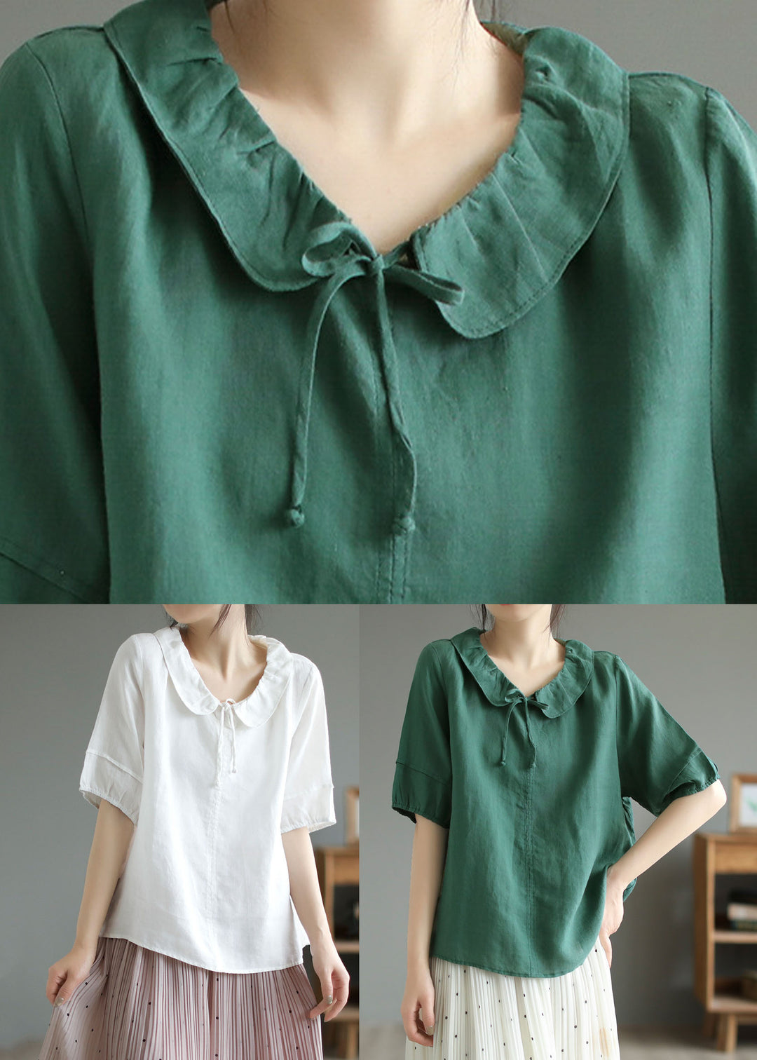 Green Patchwork Cotton T Shirts Top Peter Pan Collar Short Sleeve