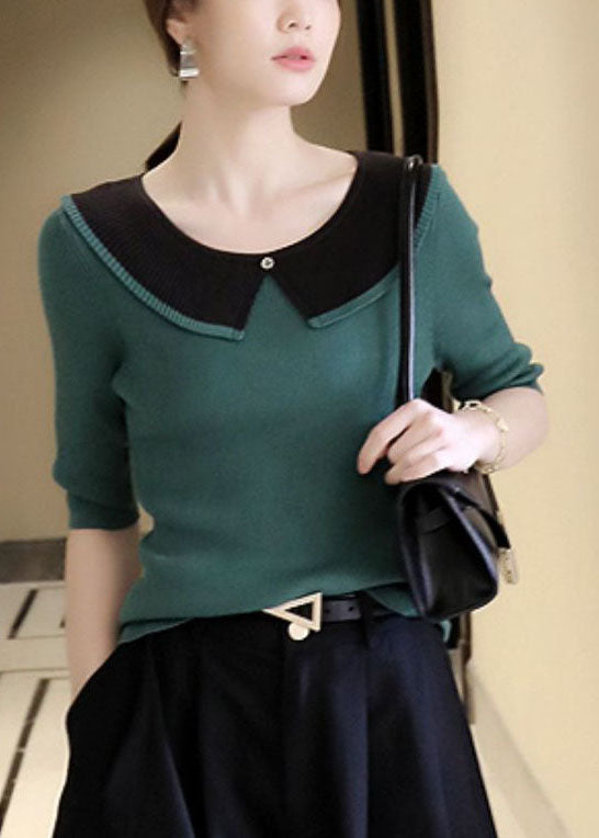 Green Patchwork Knit T Shirt Top Peter Pan Collar Summer