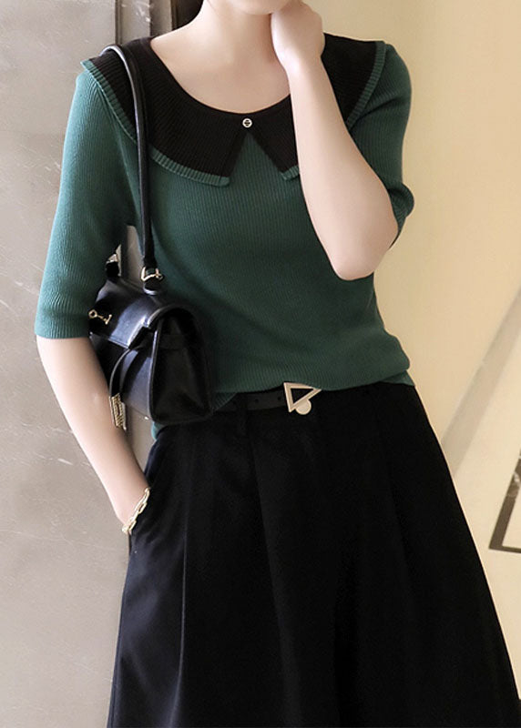 Green Patchwork Knit T Shirt Top Peter Pan Collar Summer