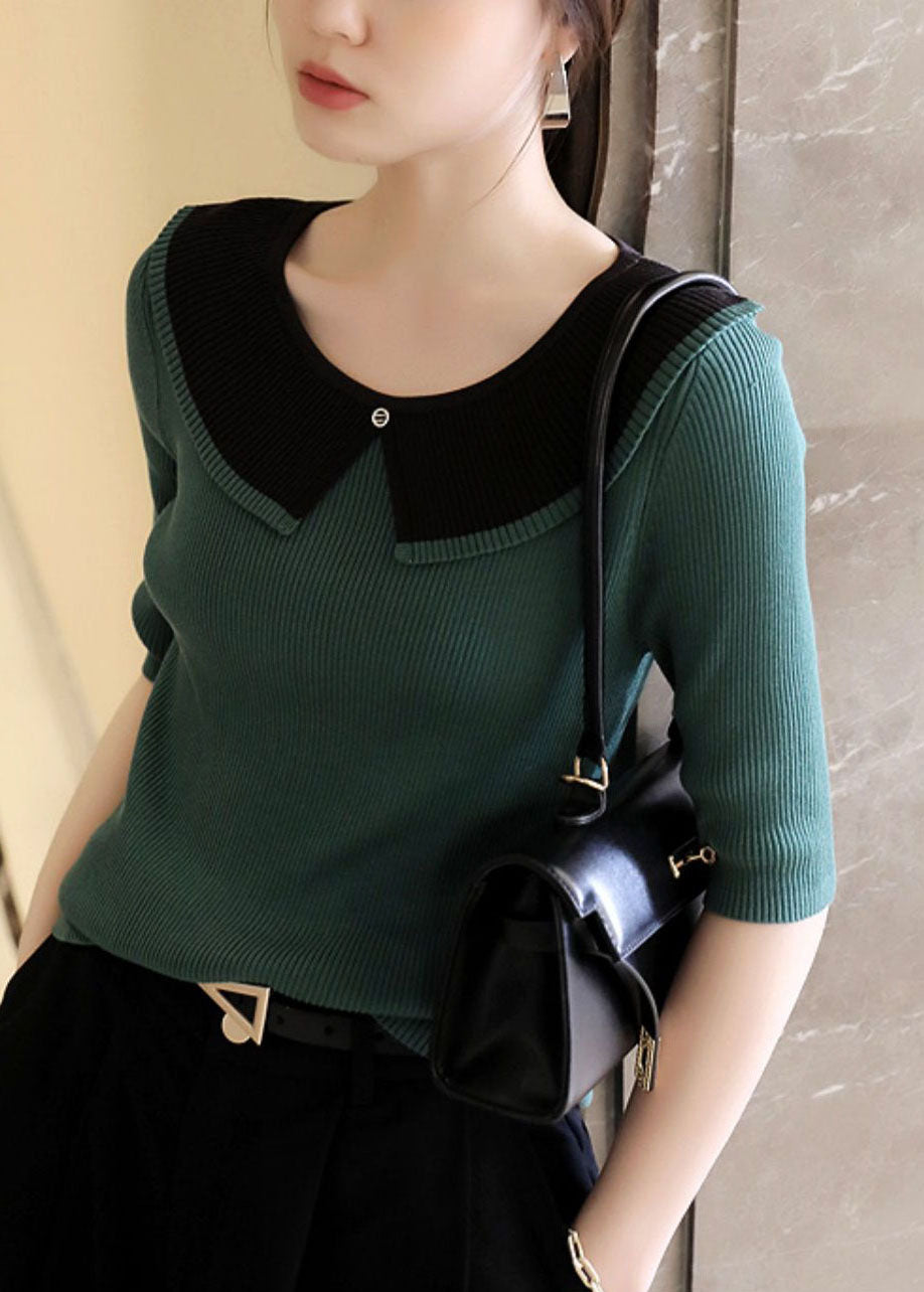 Green Patchwork Knit T Shirt Top Peter Pan Collar Summer