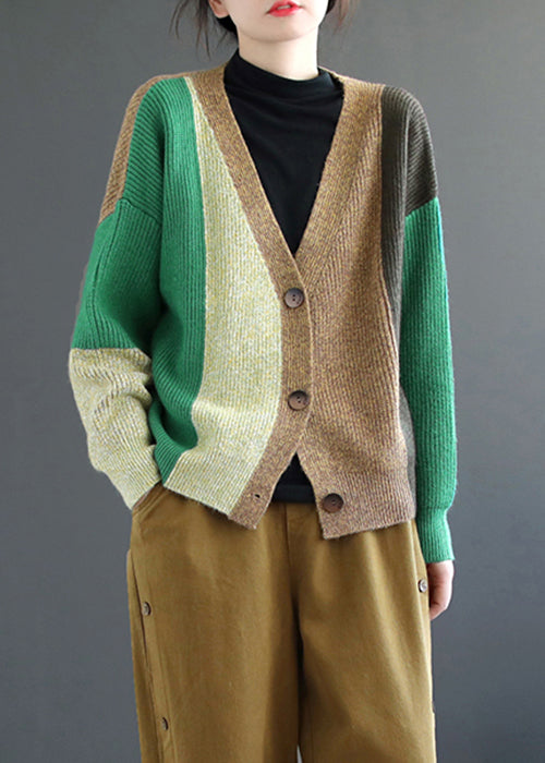 Green Patchwork Knitting Cardigan Top V Neck Long Sleeve