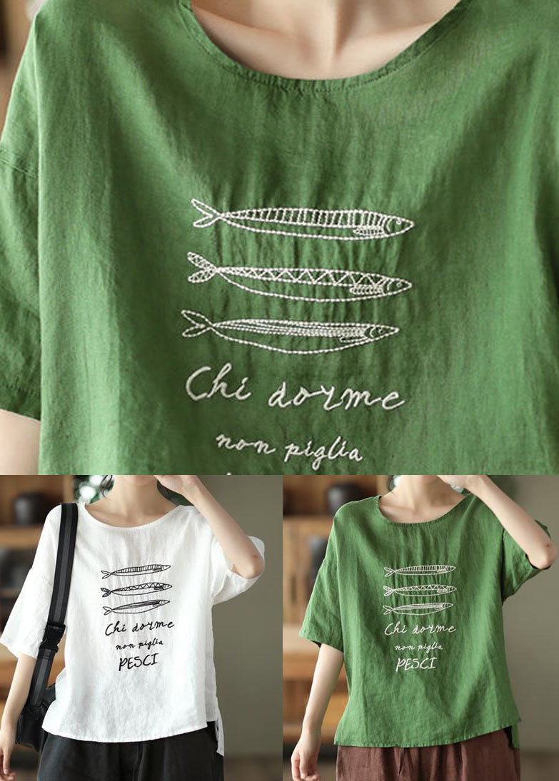 Green Patchwork Linen Blouse Top Embroideried Summer