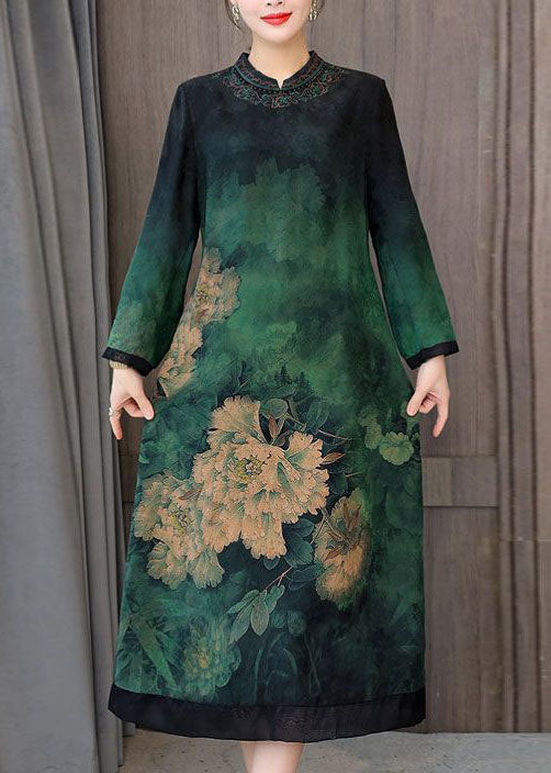 Green Patchwork Silk Chinese Style Dress Stand Collar Fall