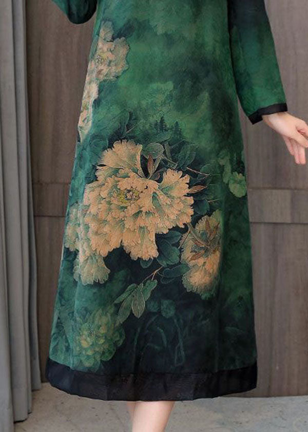 Green Patchwork Silk Chinese Style Dress Stand Collar Fall