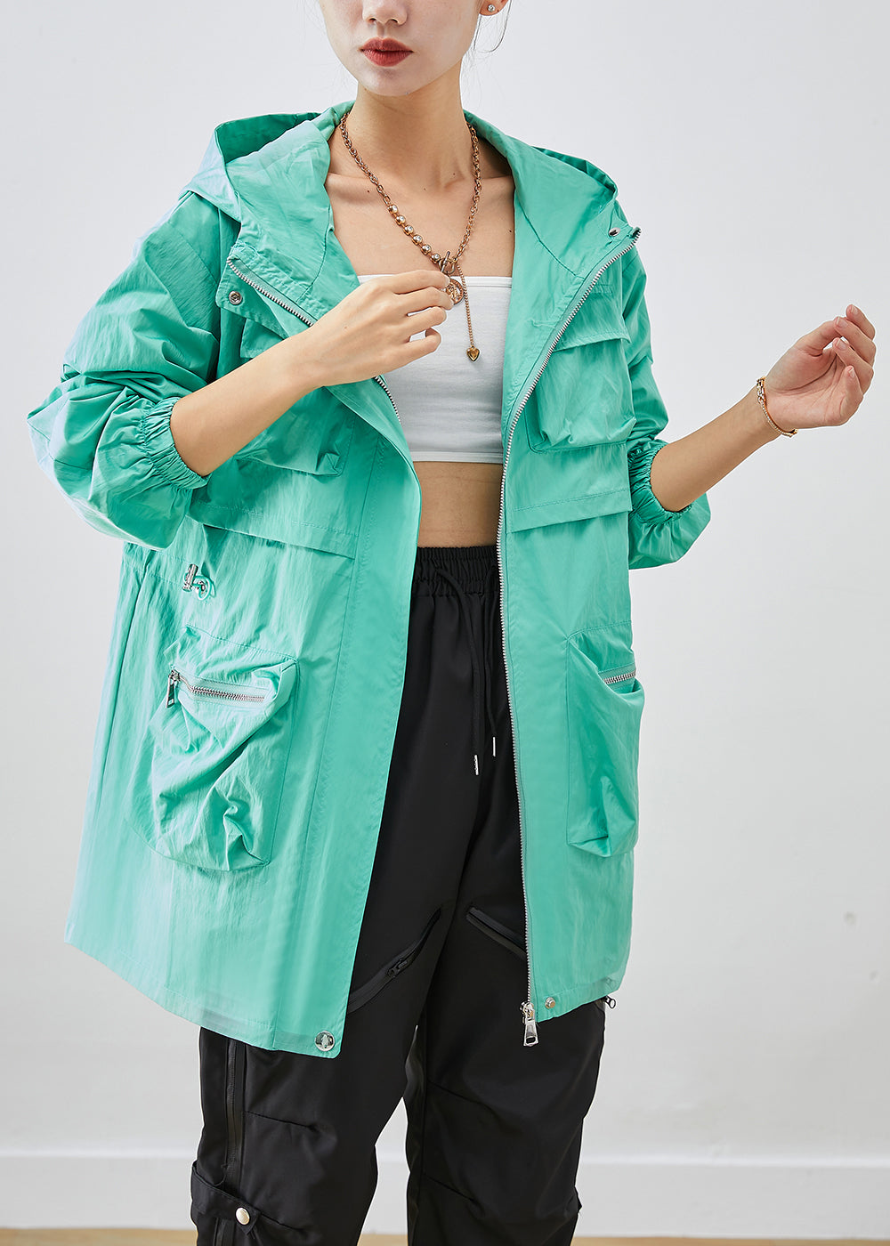 Green Patchwork Spandex Coat Outwear Hooded Pockets Fall