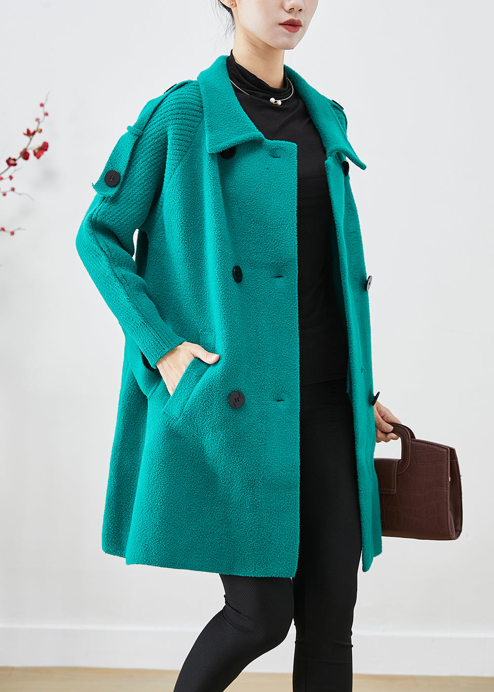 Green Patchwork Woolen Trench Oversized Double Breast Fall