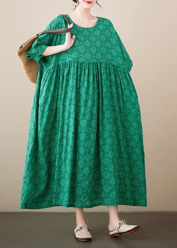 Green Patchwork Wrinkled Cozy Cotton Maxi Dresses Summer