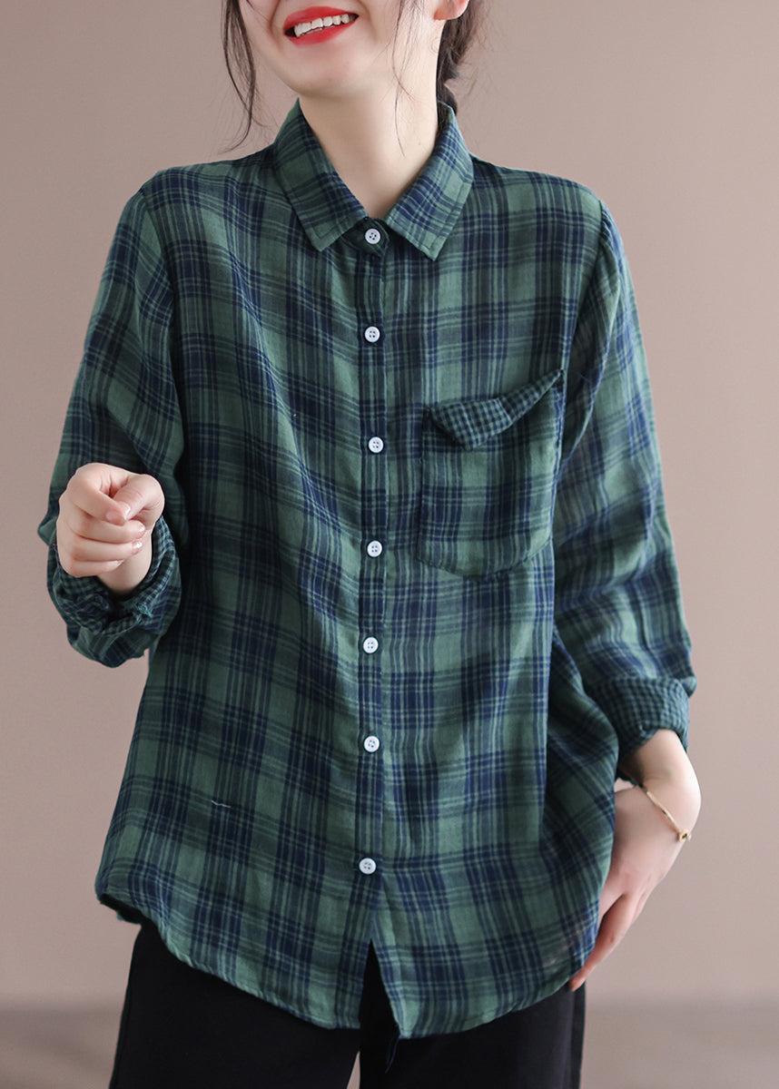 Green Peter Pan Collar Plaid Pockets Cotton Shirt Long Sleeve