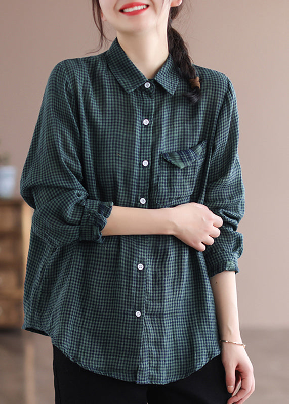 Green Peter Pan Collar Plaid Pockets Cotton Shirt Long Sleeve