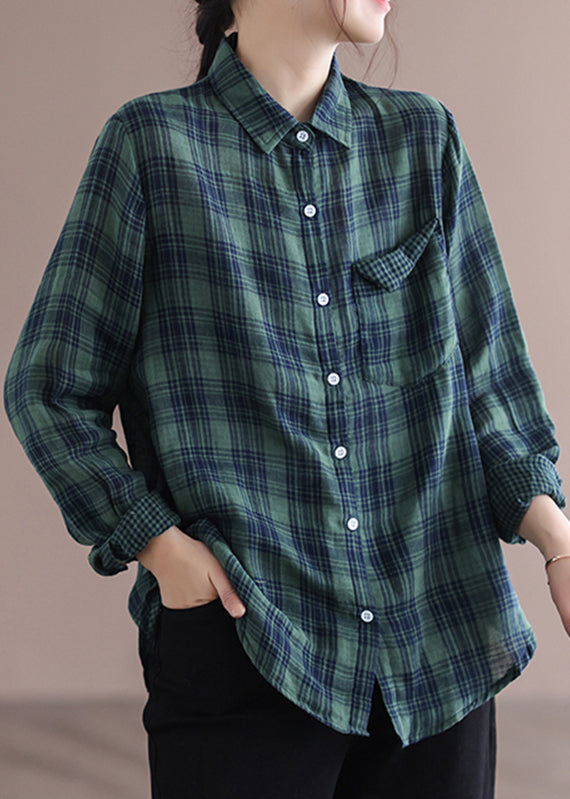 Green Peter Pan Collar Plaid Pockets Cotton Shirt Long Sleeve