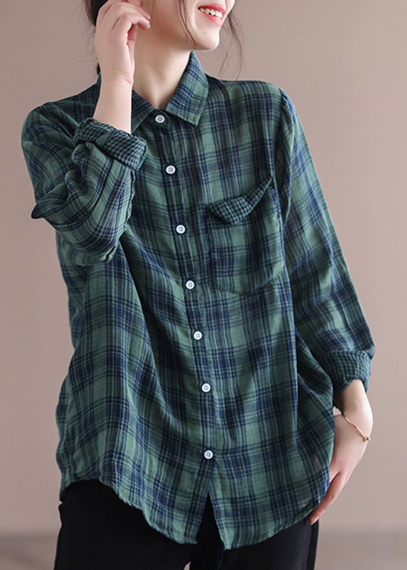 Green Peter Pan Collar Plaid Pockets Cotton Shirt Long Sleeve