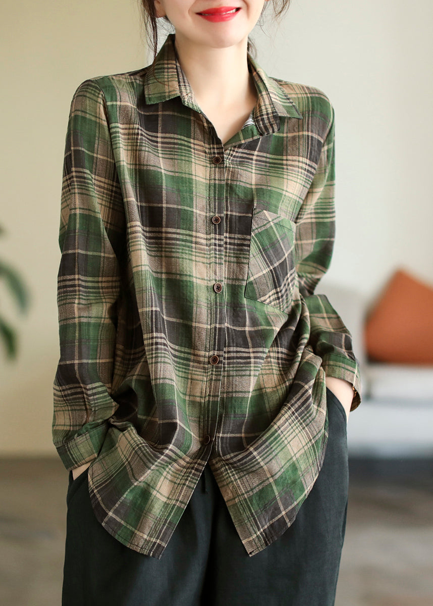 Green Peter Pan Collar Striped Plaid Pockets Cotton Shirt Long Sleeve