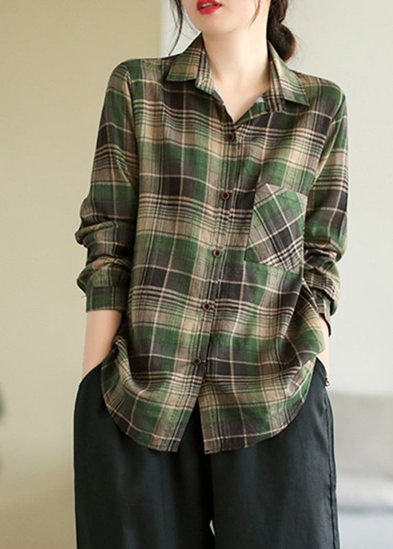 Green Peter Pan Collar Striped Plaid Pockets Cotton Shirt Long Sleeve