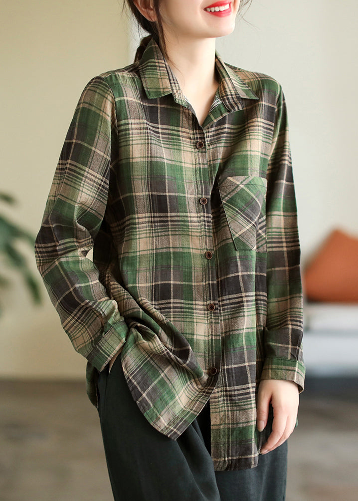 Green Peter Pan Collar Striped Plaid Pockets Cotton Shirt Long Sleeve