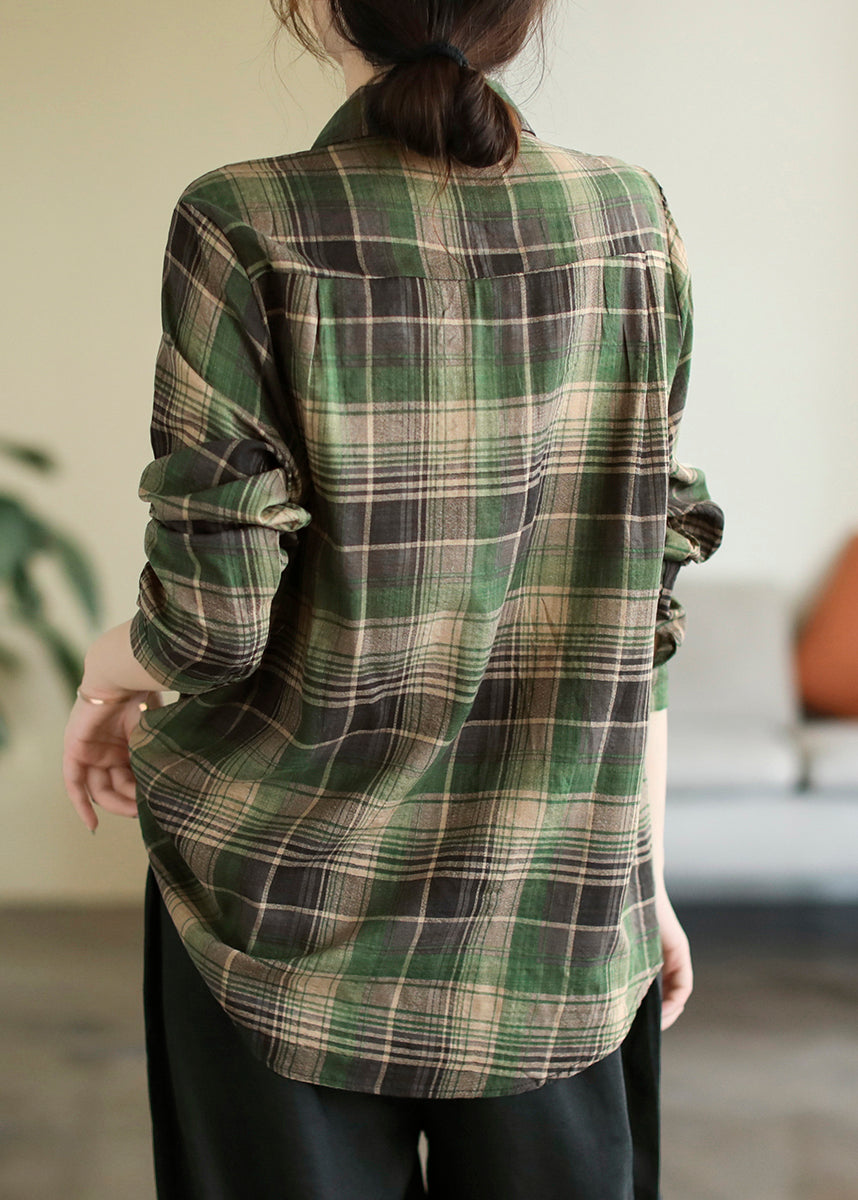 Green Peter Pan Collar Striped Plaid Pockets Cotton Shirt Long Sleeve