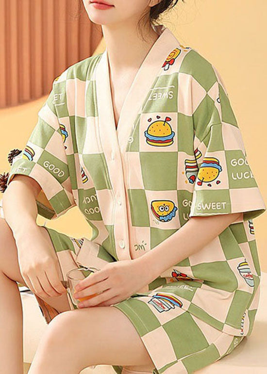 Green Plaid Patchwork Cotton Pajamas Two Pieces Set V Neck Summer