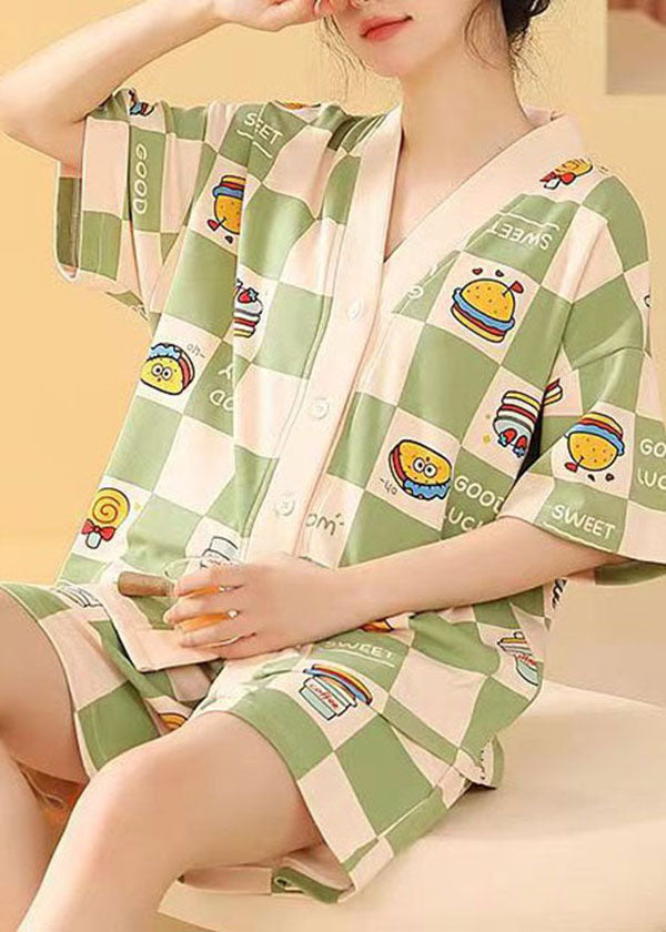 Green Plaid Patchwork Cotton Pajamas Two Pieces Set V Neck Summer