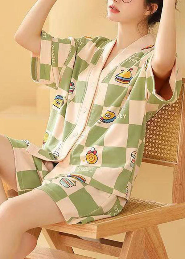 Green Plaid Patchwork Cotton Pajamas Two Pieces Set V Neck Summer