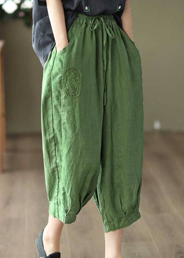 Green Pockets Linen Crop Pants Embroideried Summer