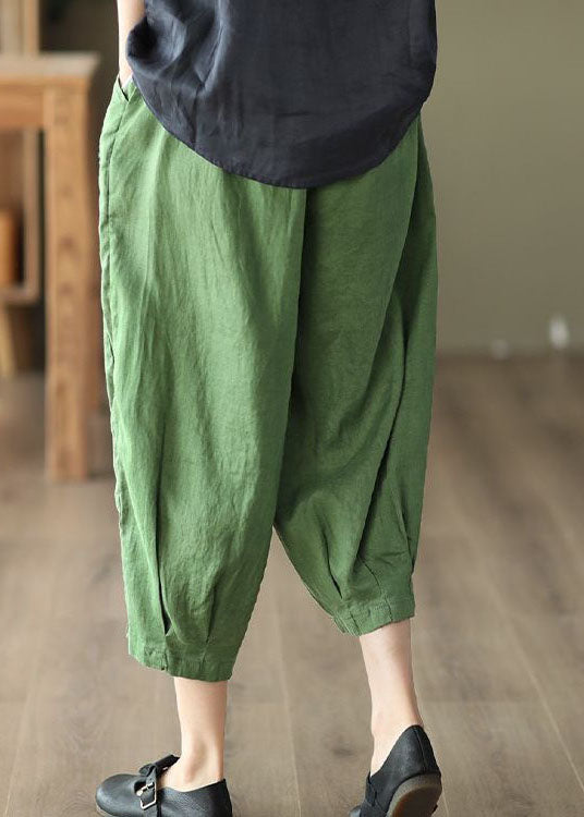 Green Pockets Linen Crop Pants Embroideried Summer