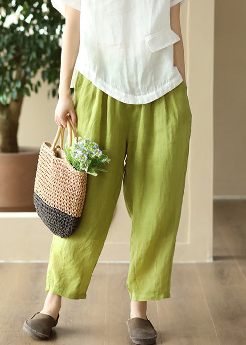 Green Pockets Loose Linen Crop Pants Elastic Waist Summer