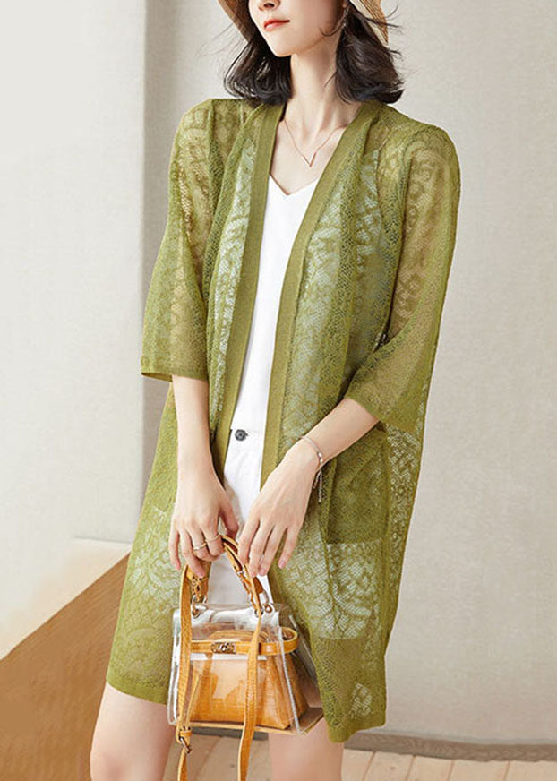 Green Pockets Patchwork Lace Cardigan V Neck Hollow Out Summer