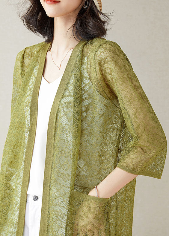 Green Pockets Patchwork Lace Cardigan V Neck Hollow Out Summer