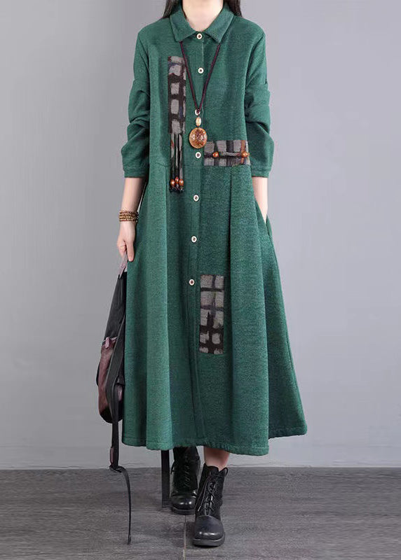 Green Pockets Patchwork Warm Fleece Maxi Dresses Peter Pan Collar Winter