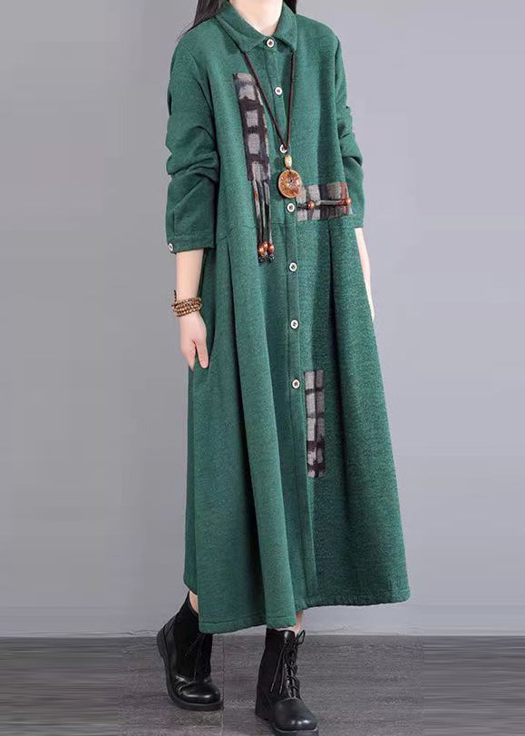 Green Pockets Patchwork Warm Fleece Maxi Dresses Peter Pan Collar Winter