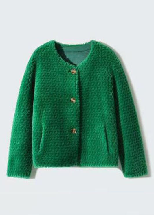 Green Pockets Patchwork Wool Coats O Neck Button Winter