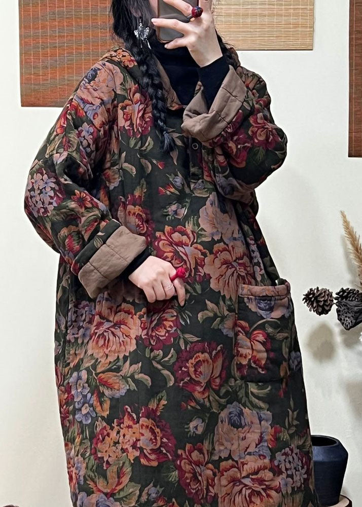Green Pockets Print Fine Cotton Filled Hooded Coats Winter