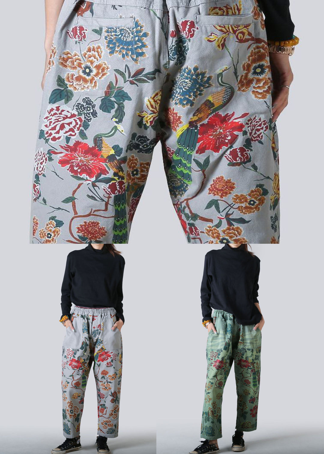 Green Pockets Print Pants Straight Denim Elastic Waist Spring