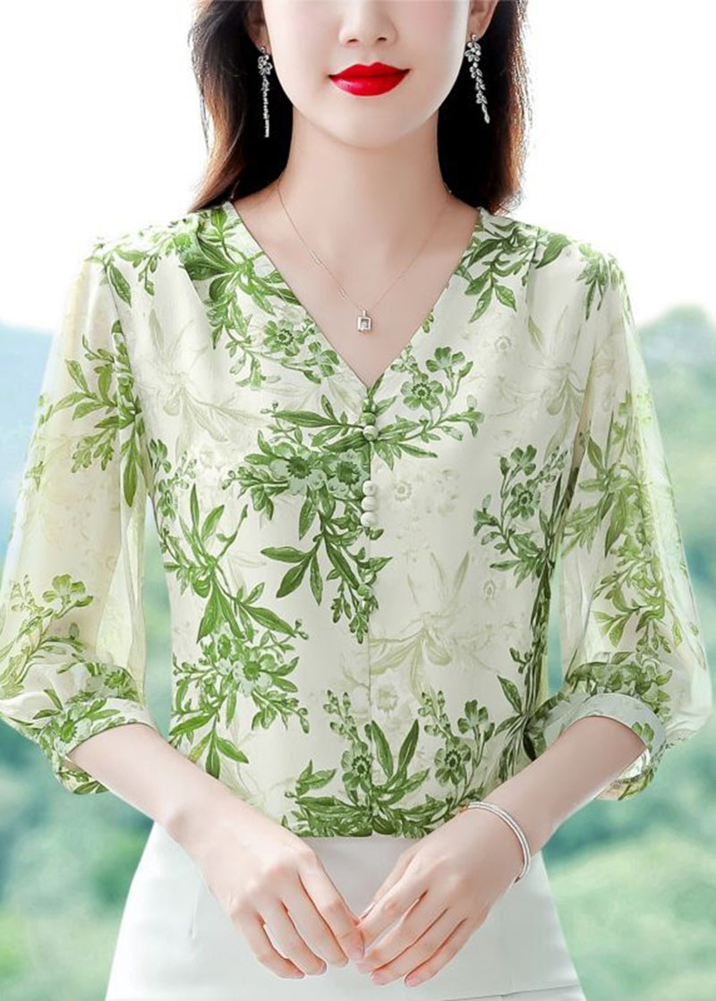 Green Print Chiffon Shirt Top V Neck Button Half Sleeve
