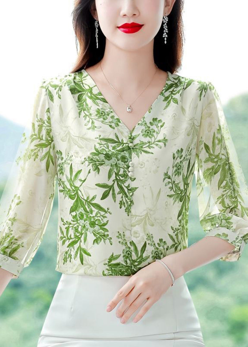 Green Print Chiffon Shirt Top V Neck Button Half Sleeve