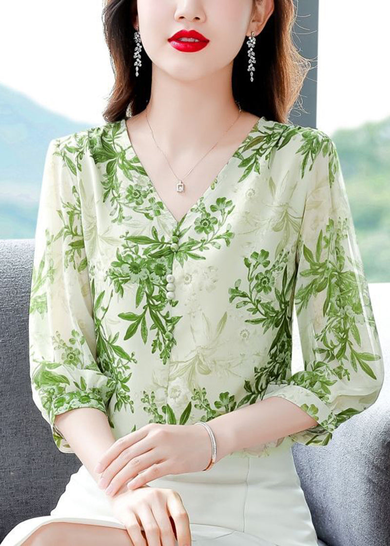 Green Print Chiffon Shirt Top V Neck Button Half Sleeve