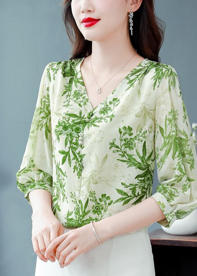 Green Print Chiffon Shirt Top V Neck Button Half Sleeve