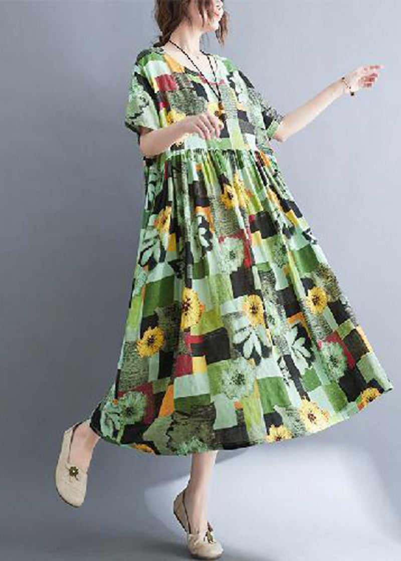 Plus Size Green Print Cotton Vacation Dress