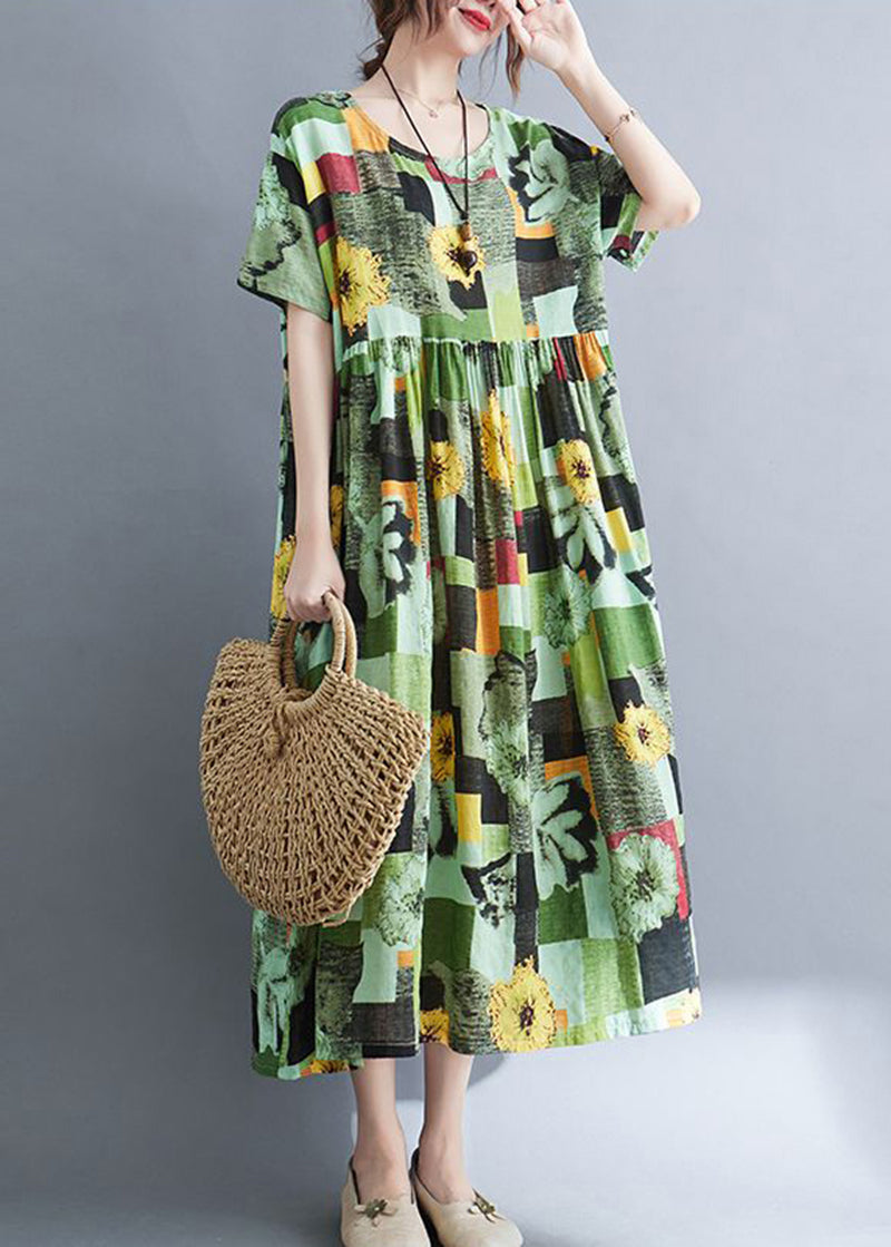 Plus Size Green Print Cotton Vacation Dress