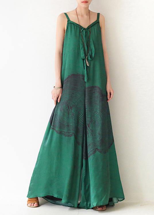 Green Print Jumpsuit Summer Strap Wide Leg Pants - Omychic