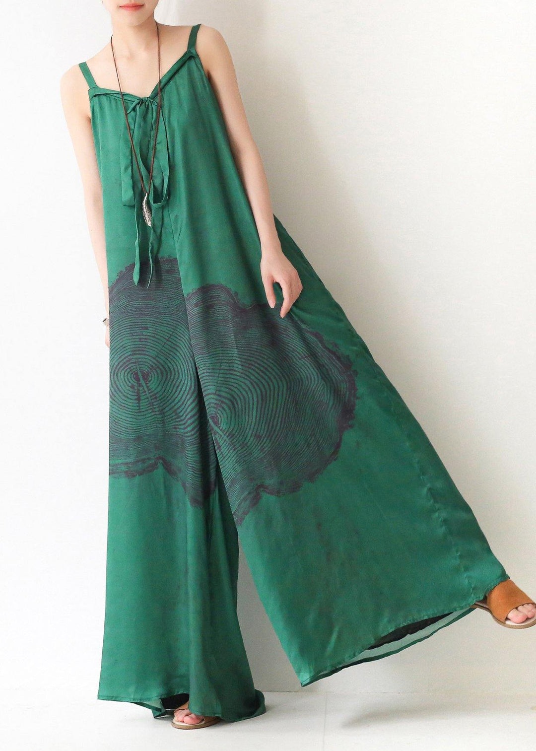 Green Print Jumpsuit Summer Strap Wide Leg Pants - Omychic