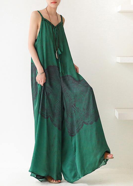 Green Print Jumpsuit Summer Strap Wide Leg Pants - Omychic