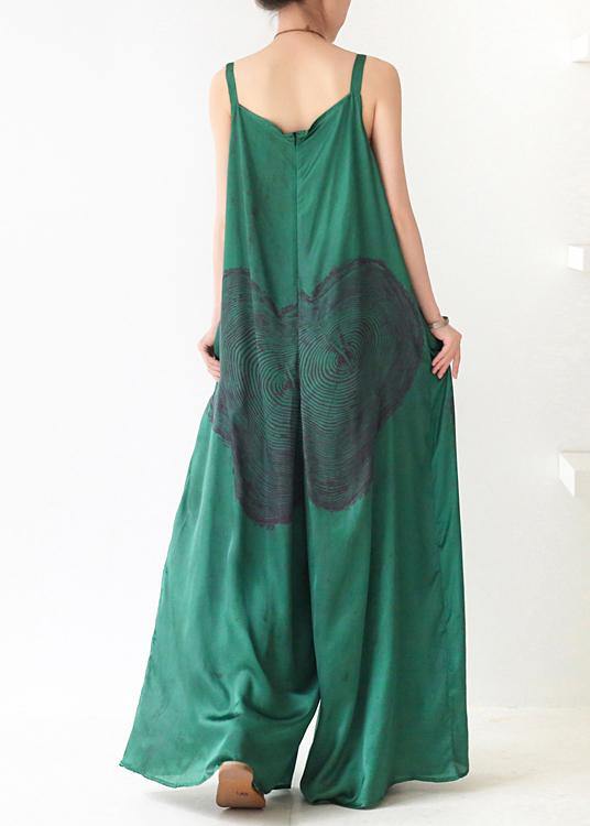 Green Print Jumpsuit Summer Strap Wide Leg Pants - Omychic