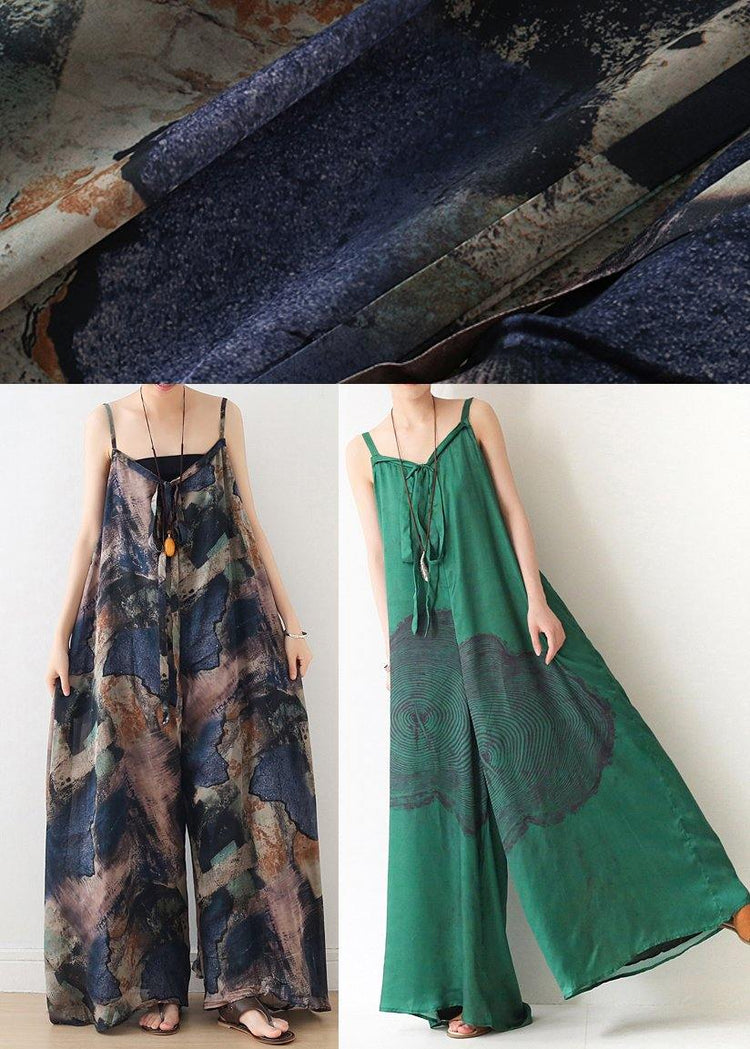 Green Print Jumpsuit Summer Strap Wide Leg Pants - Omychic