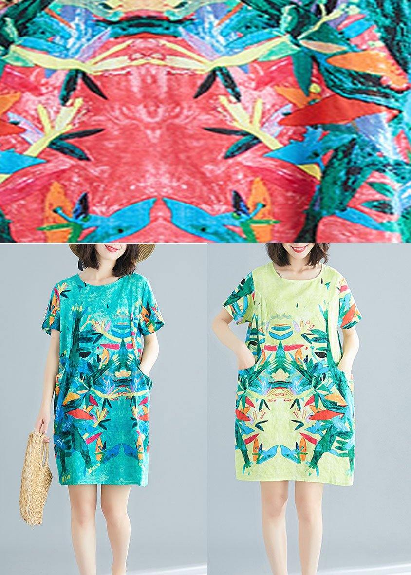 Green Print O-Neck Pockets Summer Short Sleeve Party Dresses - Omychic