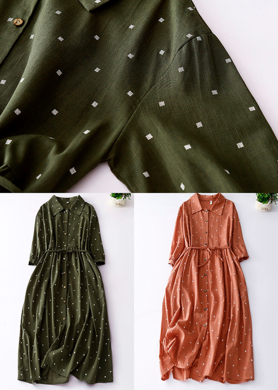 Green Print Patchwork Cotton Dresses Peter Pan Collar Tie Waist Summer