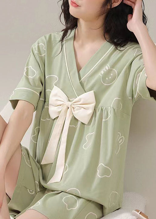 Green Print Patchwork Cotton Pajamas Women Sets 2 Pieces  Bow Summer