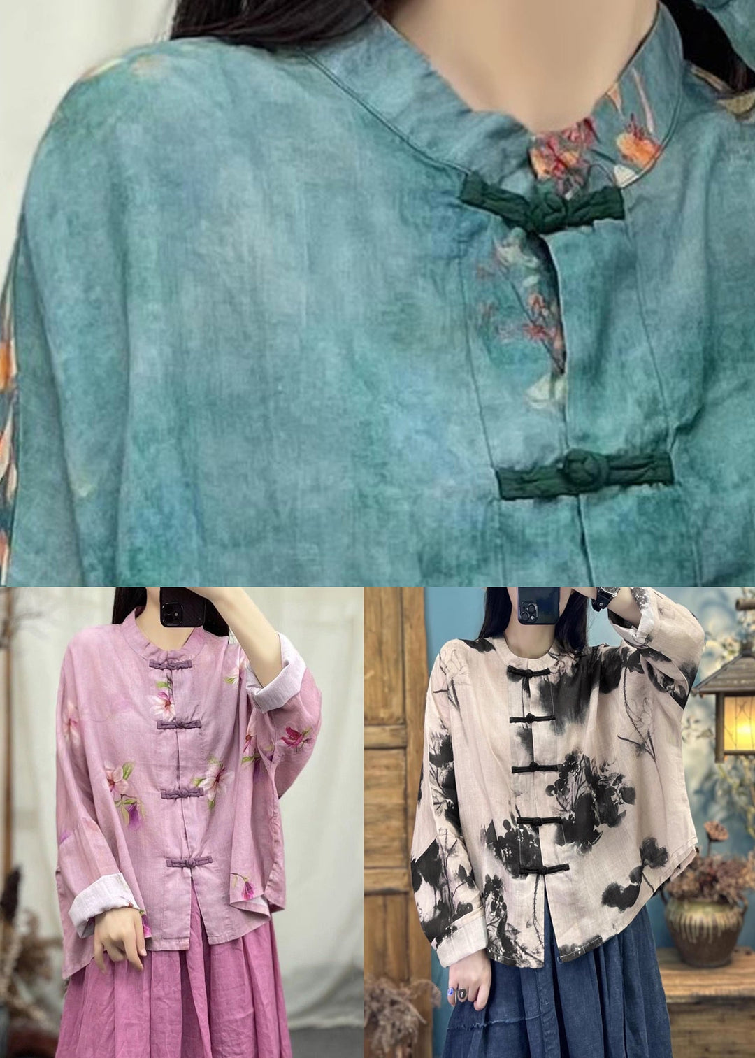 Green Print Patchwork Linen Coat O Neck Long Sleeve